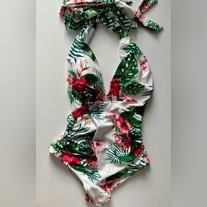 Ziola Plunge White, Pink and Green Floral Maternity Swimsuit - S